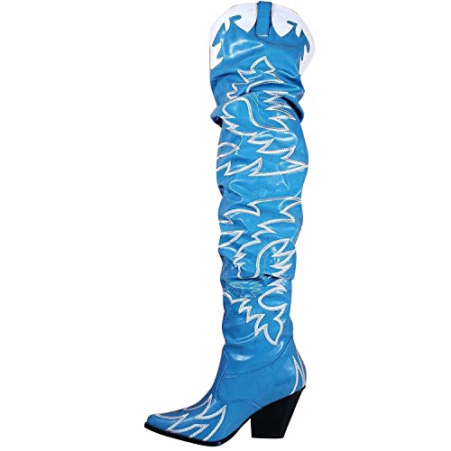 Cape Robbin Kelsey-21 Cowboy Boots Women, Over The Knee Western Cowgirl Boots With Chunky Block Heels, Fashion Dress Boots For Women - Blue Size 8 #TOP1