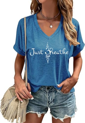 Beopjesk Women's Just Breathe V-Neck T-Shirt Summer Casual Funny Graphic Tees Tops (25-727-Blue,M)
