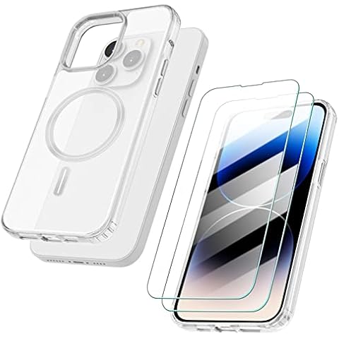 Skycase Clear Case with Magsafe Compatible for iPhone 14 Pro 6.1 inch, with 2 Pack Tempered Glass Screen Protector, Magnetic Case Protective Cover Designed for iPhone 14 Pro 2022, Transparent Cover