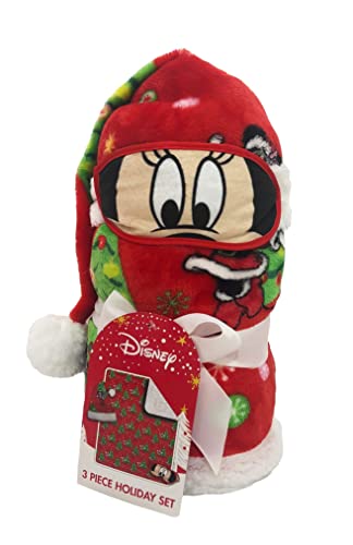 Disney Minnie Mouse 3 Piece Holiday Set - Kids Christmas Bedding, Super Soft Sherpa Throw Blanket & Eye Mask With Bonus Santa Hat (Official Disney Product) #TOP4