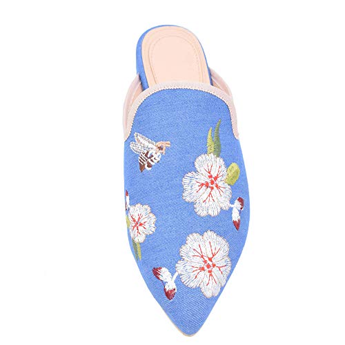 Image of Fericzot Women's Velvet Backless Pointed Toe Slip On Loafers Flats Embroidery Mule Slippers Shoes