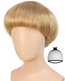 ANOGOL Hair Cap + Short Blonde Bowl Cut Wig Men with Bangs Blonde Mushroom Wigs 60s Wig Mens Funny Wigs for Movie Halloween Cosplay Costume Party Blond Bob Wigs for Men