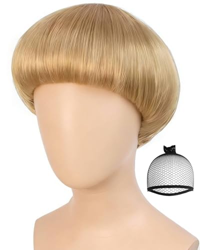 ANOGOL Hair Cap + Short Blonde Bowl Cut Wig Men with Bangs Blonde Mushroom Wigs 60s Wig Mens Funny Wigs for Movie Halloween Cosplay Costume Party Blond Bob Wigs for Men