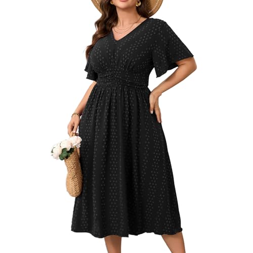 Image of RWJ Women's Plus Size Maxi Dress V Neck Short Sleeve Swiss Dot A Line High Waist Boho Swing Casual Summer Dresses