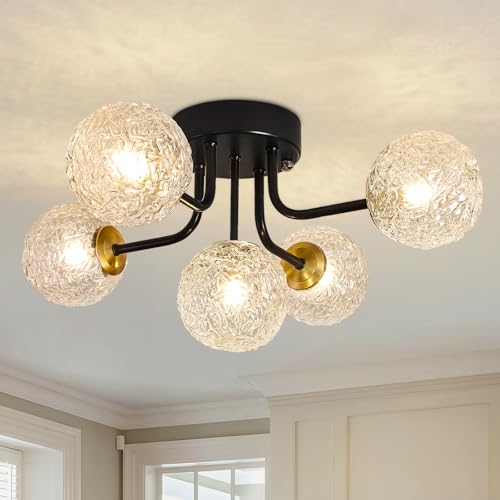 Image of Semi Flush Mount Ceiling Light Black 5-Lights Sputnik Ceiling Light Mid Century Modern Clear Glass Globe Close to Ceiling Light for Bedroom Kitchen Entryway Closet