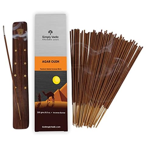 Simply Vedic Agar Oudh Premium Incense Stick Agarbatti 250 Grams / 8.8 Oz (Approx 135 Sticks) with Burner for Meditation, Yoga, Spiritual Healing, Prayers, Reiki, Aromatherapy Energy Cleansing Cover