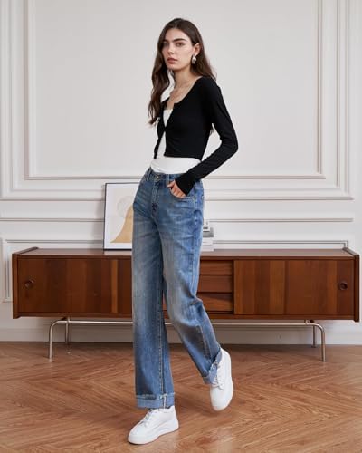 UPNET Womens High Waisted Jeans Stretchy Straight Leg Loose Fit Tummy Control Raw Hem Denim Pants Trendy 2025 Fashion (US, Numeric, 12, Regular, Regular, Blue)