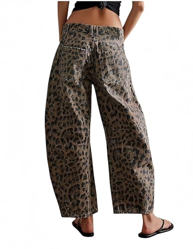 Womens Barrel Jeans Leopard Mid Rise Baggy Jeans for Women Vintage Wide Leg Loose Y2k Trendy Boyfried Mom Denim Pants4