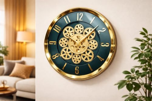 Image of Moving Gear Wall Clock, Round, Gold and Rose Gold Finish, Options (Green, Set of 1 Clock)