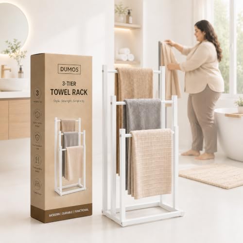 Image of Towel Rack Stand for Bathroom | 3-Tier Metal Towel Holder | Rust Resistant Powder-Coated Steel | Space Saving Towel Drying Stand for Bath Towels, Hand Towels & Blankets | White