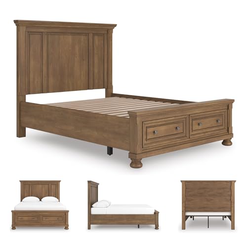 Image of Signature Design by Ashley Queen Panel Storage Bed Frame, Chestnut Brown | Poplar solids pine veneer and MDF substrate, 2 footboard drawers for space-saving storage, Glarrison Series