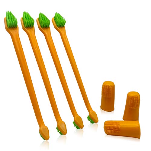 Dog Toothbrush Pack 4 Long Handled Double Headed Toothbrush + 3 Dog Finger Toothbrush Kit for Dog Cat Dental Care Soft Bristle Pet Toothbrush Combo