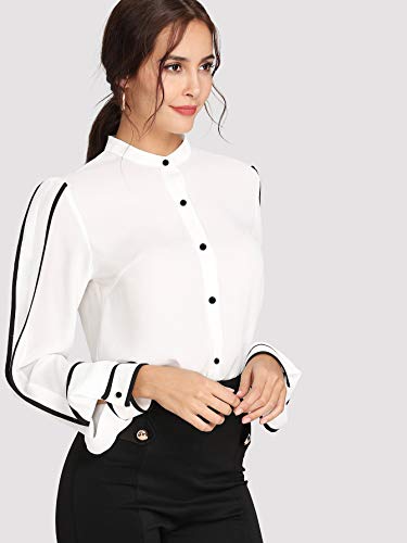 Milumia Women's Elegant Button Workwear Shirt Stand Collar Lon   g Sleeve Blouse Small A-White