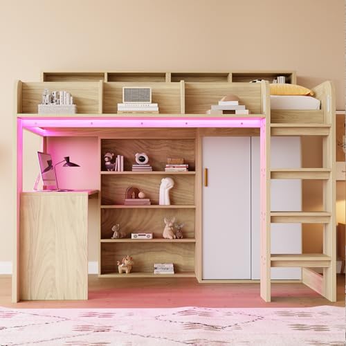 Sapgaks Lit Mezzanine 90×200cm, lit Enfant avec éclairage LED et Prise de Courant, avec Bureau, Armoire et Compartiment de Rangement, lit Mezzanine Multifonctionnel,...