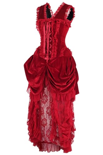 Daisy corsets Womens Steel Boned Dark Red Velvet Victorian Bustle Corset Bustier Dress2