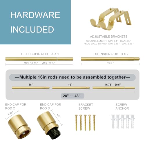 Image of Byondeth Curtain Rods for Windows 16 to 48 or 60 Inches Max Adjustable Length 1 Inch Diameter Window Curtain Rod with Aluminium Finials, Flash Gold