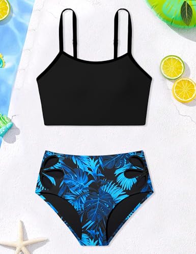 Image of Girls Tankini Swimsuit 2 Piece Bathing Suit Twist Cross Back Cutout Swim Tank Top Floral Print Swimwear for 7-18Y