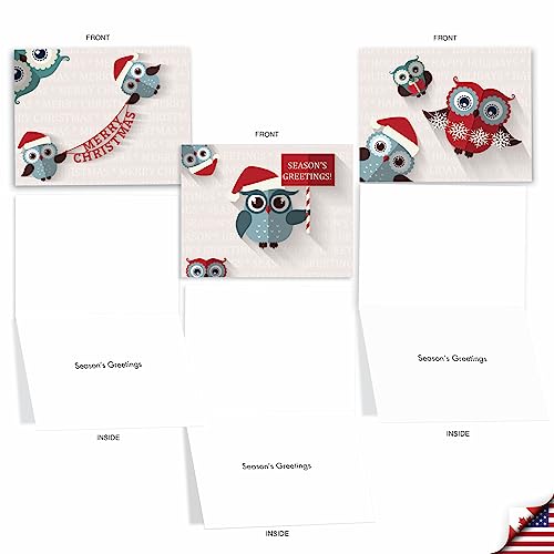 Image of The Best Card Company - 10 Holiday Note Cards for Christmas - Festive Bulk Assortment, Boxed Notecards with Envelopes (4 x 5.12 Inch) - Happy Owlidays M2947