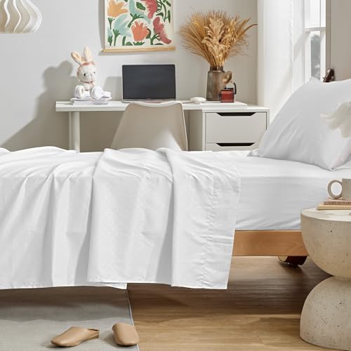 SLEEP ZONE Lightweight Super Soft Easy Care Microfiber 3-Piece Bed Sheet Set with 16-Inch Deep Pockets, Four-Leaf Clover Pattern Sheet & Pillowcase Sets， Washable (White, Twin)
