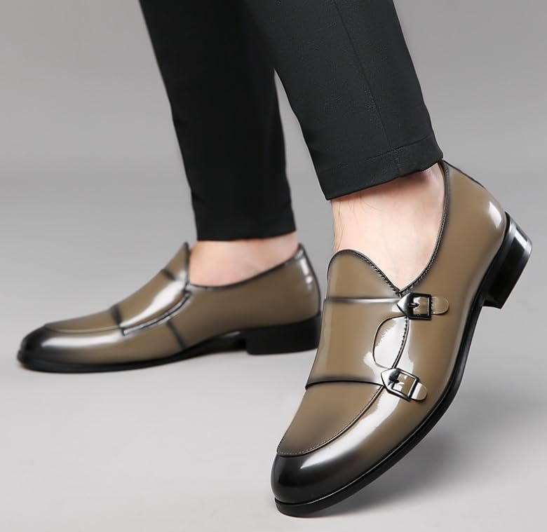 YZABEL Men's Leather Monk Buckle Formal Oxford Shoes, Patent Leather Pointed Toe Slip-On Casual Shoes, Lightweight Comfortable for Formal and Everyday Wear2