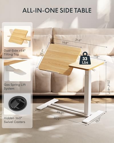 Image of FLEXISPOT Adjustable Height C-Shaped End Table with Split Tilting Top - Mobile Side Table for Sofa & Bedside, Slides Under Furniture, Hidden Wheels for Small Spaces(31.6 inch W x 15.7 inch D,Maple)
