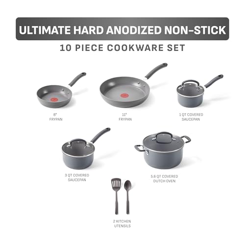 Image of T-Fal Ultimate Hard Anodized Nonstick 10 Piece Cookware Set, Oven Safe Up to 400F, Dishwasher Safe, Pots and Pans Set, Includes Frying Pans, Saucepan, Stockpot, Cooking Utensils, Stone