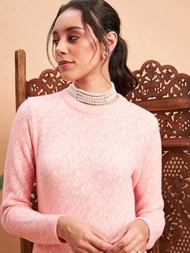 Image of Women's Woolen Winter Kurta | Ethnic Motifs Self Design Long Sleeve Straight Wool Kurti with Round Neck