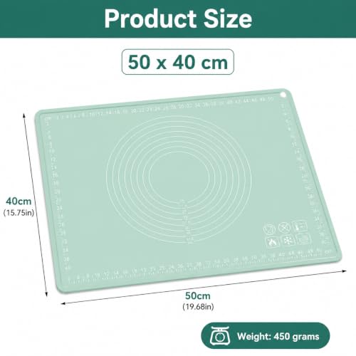 Image of Purebake Extra Thick Silicone Baking Mat 50x40 cm - Non Stick Silicone Mat for Kitchen, Roti & Chapati Making | Pastry Kneading Mat for Dough, Cookies, Pizza | Heat Resistant BPA Free (Sage Green)