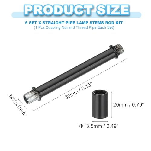 Image of PATIKIL Straight Pipe Lamp Stems Rod Kit, 6 Set M10 Carbon Steel 80mm(3.15 inch) Long Double End Thread Rod with Coupling Nuts Sleeve Connector for Table Lamps Chandeliers, Black