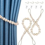 Hion 2 Pcs Boho Curtain Tiebacks,Wood Beads Curtain Holdbacks,Outdoor Farmhouse Tie Backs for Curtains,Curtain Holders for Drapes Home Office Decor with Hooks No Drilling(Wood Color)