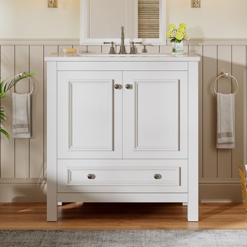 Image of Tribesigns 30 inch Bathroom Vanity with Sink, Freestanding Bathroom Vanities Cabinet with Ceramic Basin Combo, Bathroom Sink Cabinet with 2 Doors and 1 Drawer, Solid Wooden Frame (White, 30 INCH)