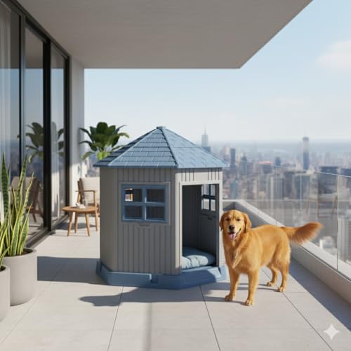 Image of Vizamoplast Paw Castle Dog House for Medium Dogs | Indoor & Outdoor PP Plastic Dog Kennel | Weatherproof UV Resistant Pet House | Removable Roof, Openable Windows | Raised Base | Easy Assembly