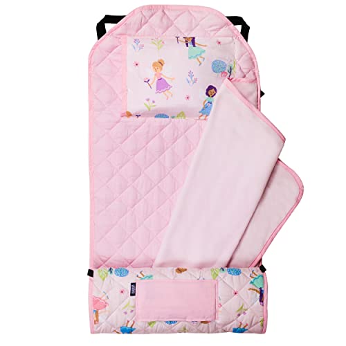 Image of Wildkin Modern Kids Nap Mat with Pillow for Girls - Soft & Cozy Cotton Blend, Elastic Straps, Toddler Sleep Mat for Daycare, Preschool, Kindergarten & Travel, Ages 3-7, Machine Washable - Fairy Garden