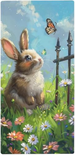 フェイスタオル 薄手 花畑のかわいいウサギ タオル 吸水 速乾 ふわふわ 柔らか肌触り 油絵イラストアート かわいい面白い動物 フェイシャルタオル 洗顔タオル 大判 家庭用、ホテル、業務用、スポーツなどにも最適 四季通用 73x35cm