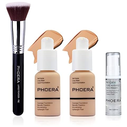 ABRUS - Phoera Foundation Full Coverage Makeup Set - Includes 2 Pieces 30ml Matte Foundation, 6ml Phoera Primer & Flat Kabuki Liquid Foundation Brush (104 Buff Beige) Cover