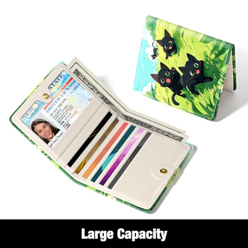 Rouidr Womens Wallet, RFID Small Slim Wallet for Women, Cute Bifold Leather Pocket Credit Card Holder Ladies Mini Purse with Zipper Coin Pocket & ID Window, Green Grass Cat3
