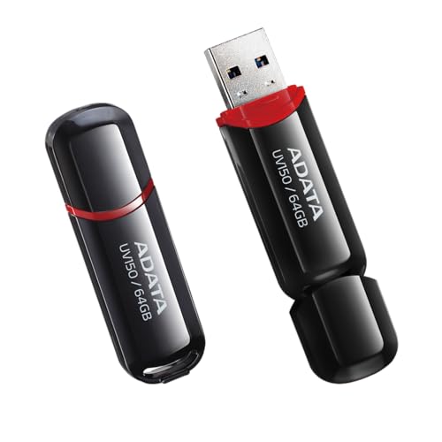 Image of ADATA UV150 64GB USB 3.2 Gen1 Pen Drive (Black) - High-Speed 100MB /s Read, Compact Snap-On Cap, Plug-and-Play Flash Drive for Laptop, PC, Smart TV, Gaming & Car Audio