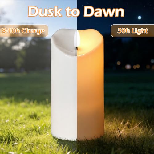 Image of Solar Candles Outdoor Waterproof, Flameless Flickering Pillar Candles 2 Pack 6 inch, IP65 Solar Powered Dusk to Dawn Sensor with 30+ Hours Long Lasting for Patio Garden Yard Deck Decor