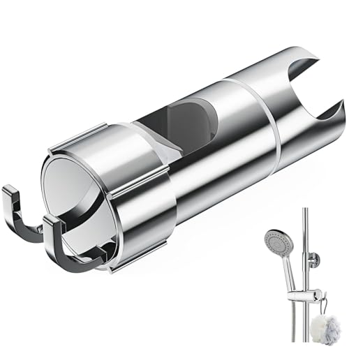 Alyvisun Shower Head Holder with 2 Hooks Adjustable Shower Holder Bracket for 16-27mm Slide Rod Universal Chrome Plated Shower Head Holder Replacement with Easy Installation