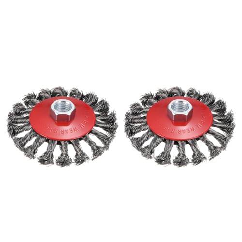Image of 2 Pcs Twisted Knotted Wire Wheel Brush for Grinder - [4 Inch] Carbon Steel for Paint Stripping Cleaning Rust Abrasive, 5 /8Inch-11 Threaded Arbor, 0.02 Inch Carbon Steel Wire, Red