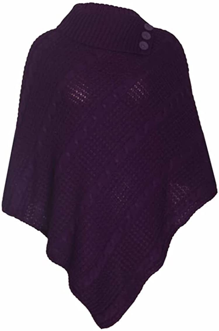 Womens Check Printed Ladies Stretch Knitted Collared Cape Wrap Shawl Jumper Poncho Top (Plain Purple)