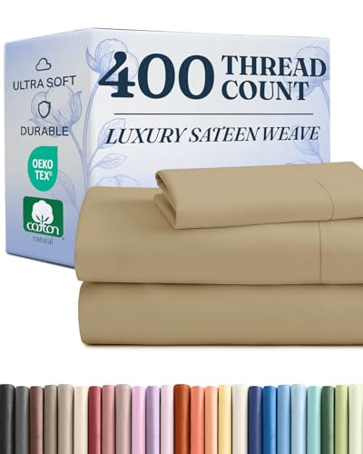 Twin Sheet Set - 100% Cotton Sheets - 3 Piece Twin Size Cotton Bed Set with Deep Pockets up to 16 Inches - Ultra Soft, Breathable & Cooling - Comfy, Fade & Stain Resistant - Machine Washable - Beige
