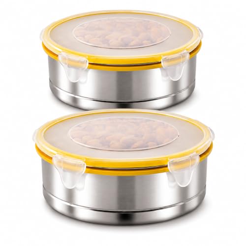 Image of Stainless Steel Airtight Round Container with Leak Proof Lid | BPA Free Food Storage Lunch Box Dabba for Office College School Home Travel | Tiffin Box (5.10 x 10.5cm size) | Pack of 2,Yellow
