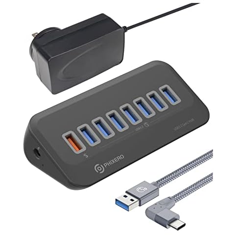 PHIXERO Powered USB Hub, 8 Ports USB 3.0 Hub with 7 USB 3.2 Data USB Port, 1 Fast Charging Ports(18W), USB Port Hub with 36W Power Adapter, 3.3ft USB A to C Right Angle Cable, Hub for Laptop, PC Cover