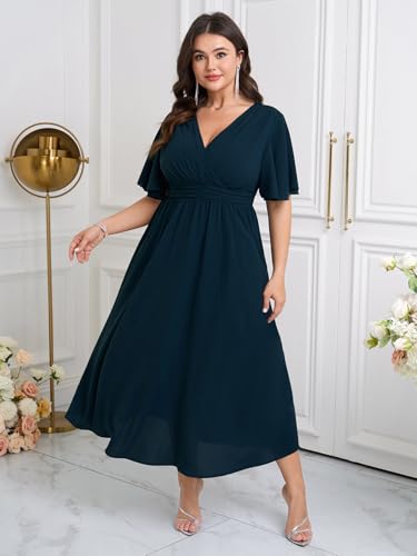 Image of SHESTARR Womens Plus Size Wrap V Neck Dress Short Flutter Sleeve Pleated Empire Waist Ruffle A Line Maxi Long Dresses