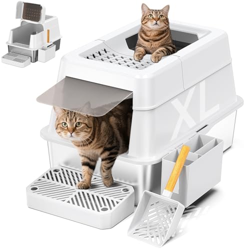 Stainless Steel Litter Box with Lid, XL Closed Metal Litter Box Modular Design with Flip Lid Fits All Cats, Extra Large Covered High Sided Cat Box, Scoop, Non-Sticky, Easy Cleaning (White)