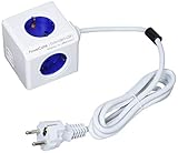 Allocacoc 1402BL/DEEUPC PowerCube Extended Regleta de 4 Tomas de Corriente, Cable de 1.5 Metros, 2 USB y Kit de Soporte para Fijar en Mesa, Color Azul, 250 V