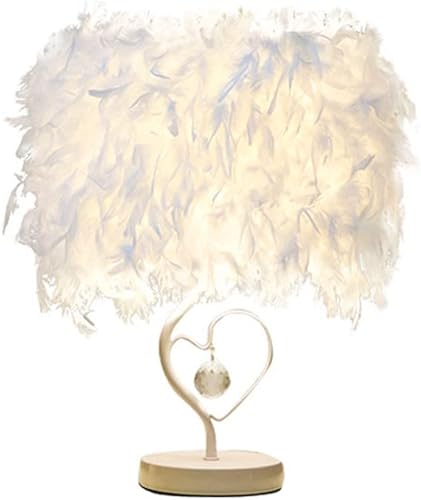Lámpara de plumas Dormitorio Blanco Lámpara de mesa de noche en forma de corazón en forma de corazón de plumas blancas Lámpara de mesa de noche de