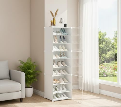 Image of KRISHYAM Portable Shoe Rack Organizer | 9-Tier Plastic Cube Storage Cabinet with 3 Doors | Modular Shoe Tower for Hallway, Bedroom, Closet & Entryway | Holds 18 Pairs | White