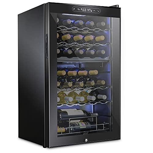 SCHMECKE 33 Bottle Dual Zone Wine Cooler Refrigerator w/Lock | Large Freestanding Wine Cellar | 41f-64f Digital Temperature Control Wine Fridge For Red, White, Champagne or Sparkling Wine – Black